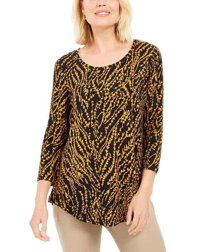 JM Collection Top feminino estampado com decote redondo, preto, tamanho pequeno