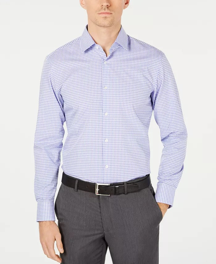 Camisa social masculina Hugo Boss Slim-Fit roxa/azul xadrez, tamanho 14 x 32-33