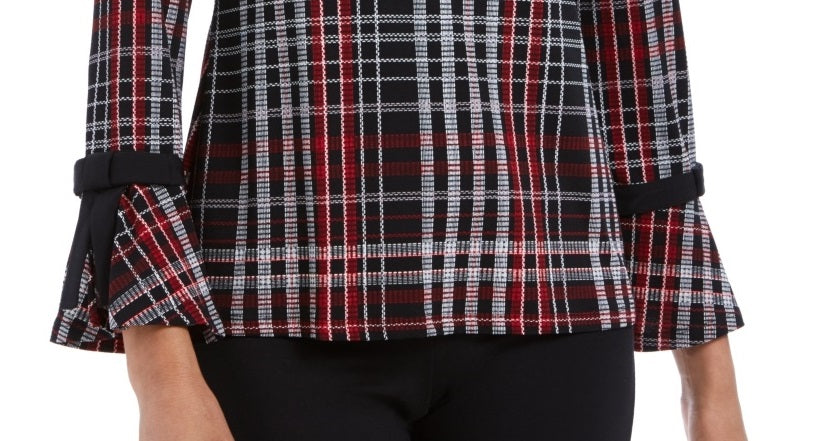Charter Club Top feminino xadrez crepe com detalhe de laço, preto, tamanho pequeno pequeno