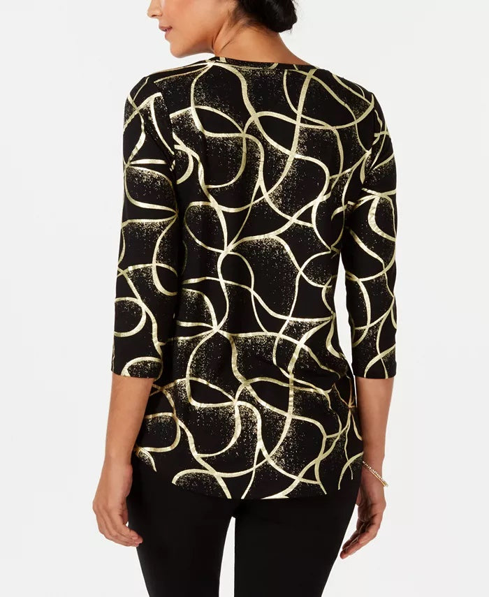 Camiseta estampada feminina JM Collection preta tamanho médio