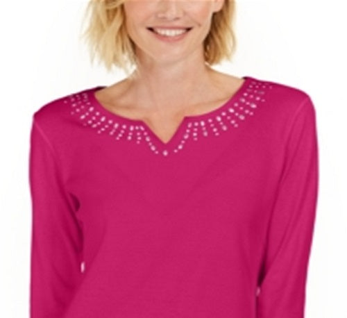 Karen Scott Top Feminino de Algodão com Tachas e Gola Dividida Rosa Tamanho P