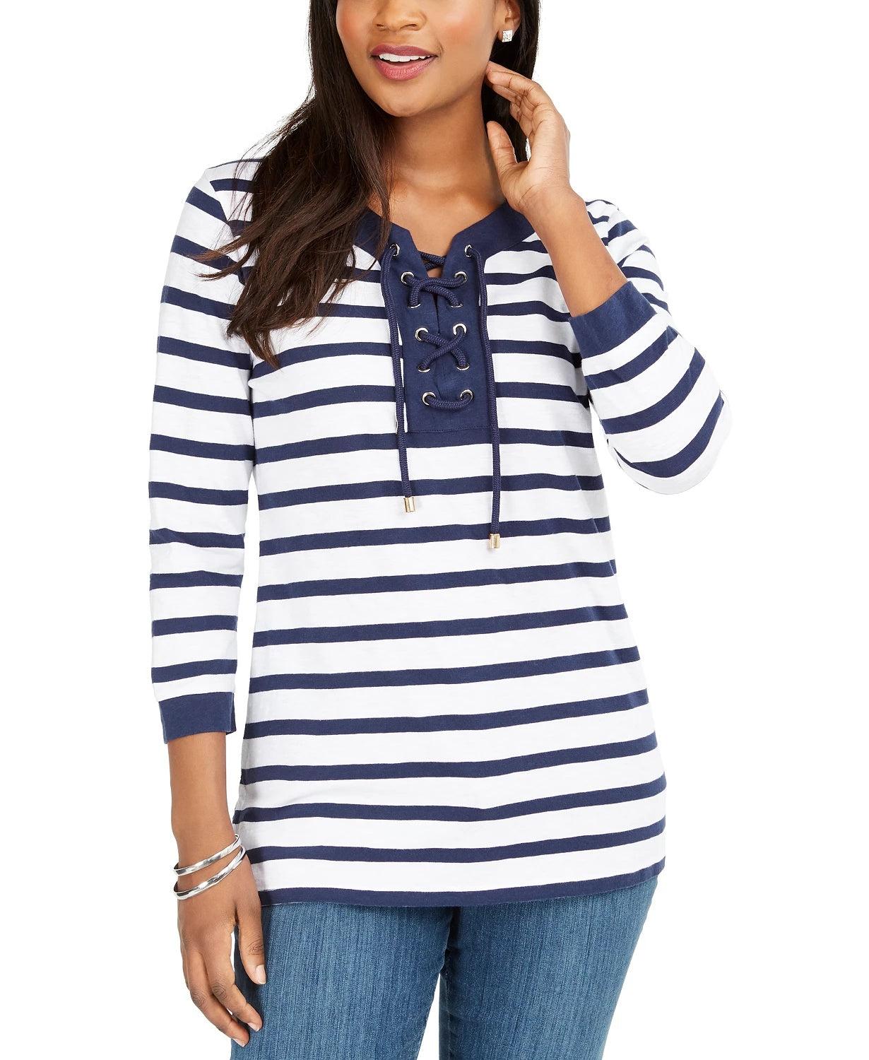 Túnica feminina Charter Club de algodão com cadarço e gola ilhós, azul, tamanho pequeno