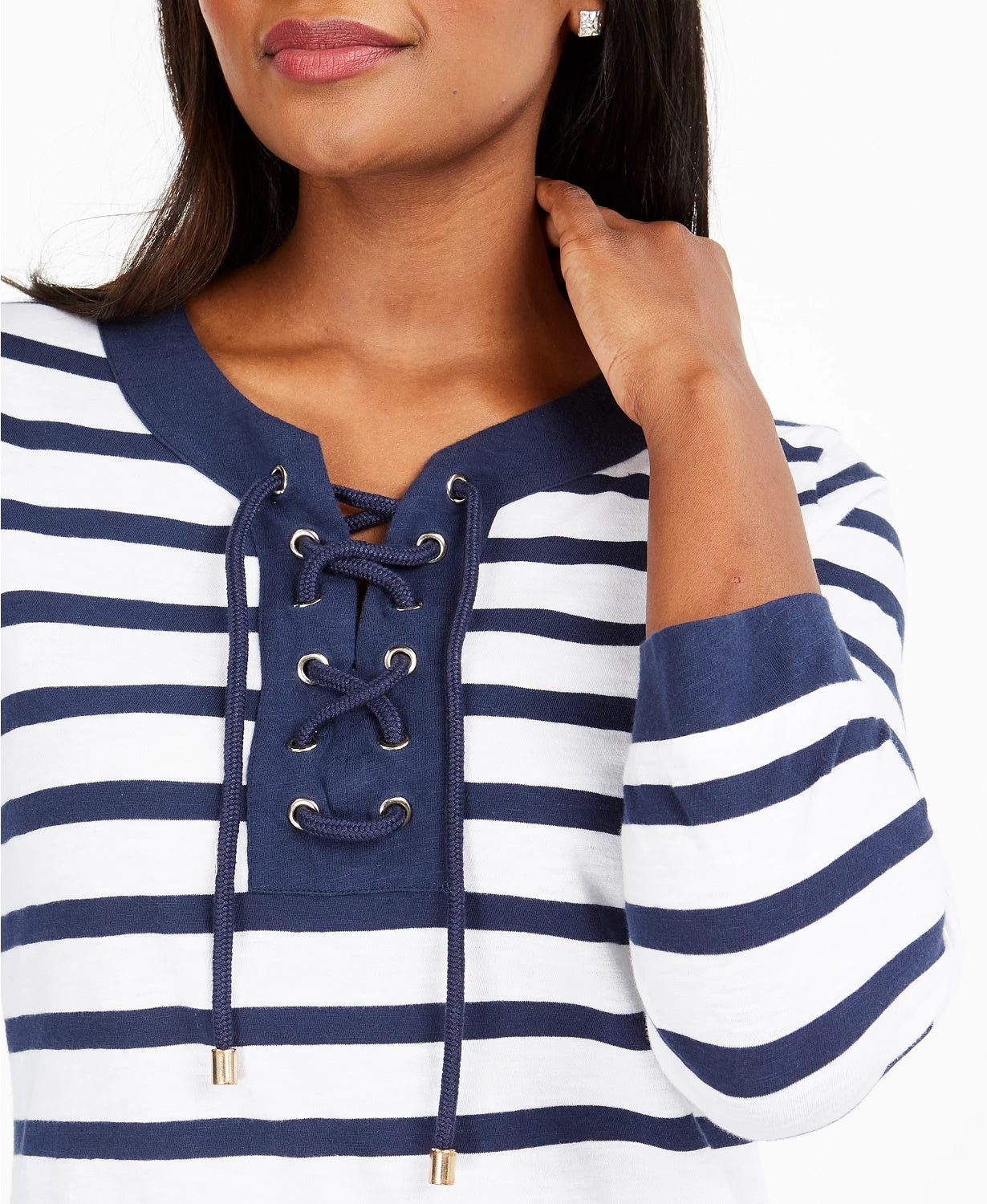 Túnica feminina Charter Club de algodão com cadarço e gola ilhós, azul, tamanho pequeno