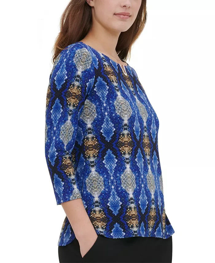 Blusa Calvin Klein Feminina Manga 3/4 Azul Brilhante Tamanho Grande