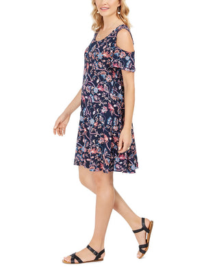 Vestido feminino estilo &amp; co com estampa de ombro vazado, azul marinho, tamanho extrapequeno