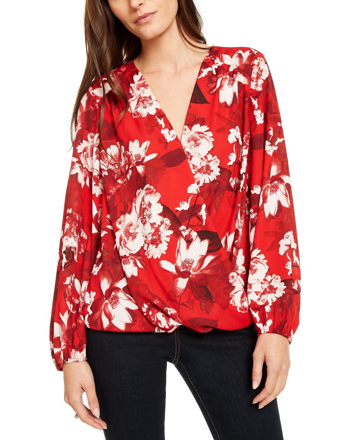 INC International Concepts Top feminino com sobrepeliz floral pequeno, vermelho, tamanho pequeno extragrande