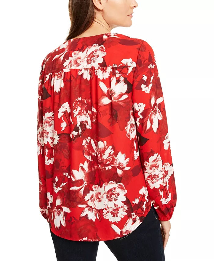 INC International Concepts Top feminino com sobrepeliz floral pequeno, vermelho, tamanho pequeno extragrande