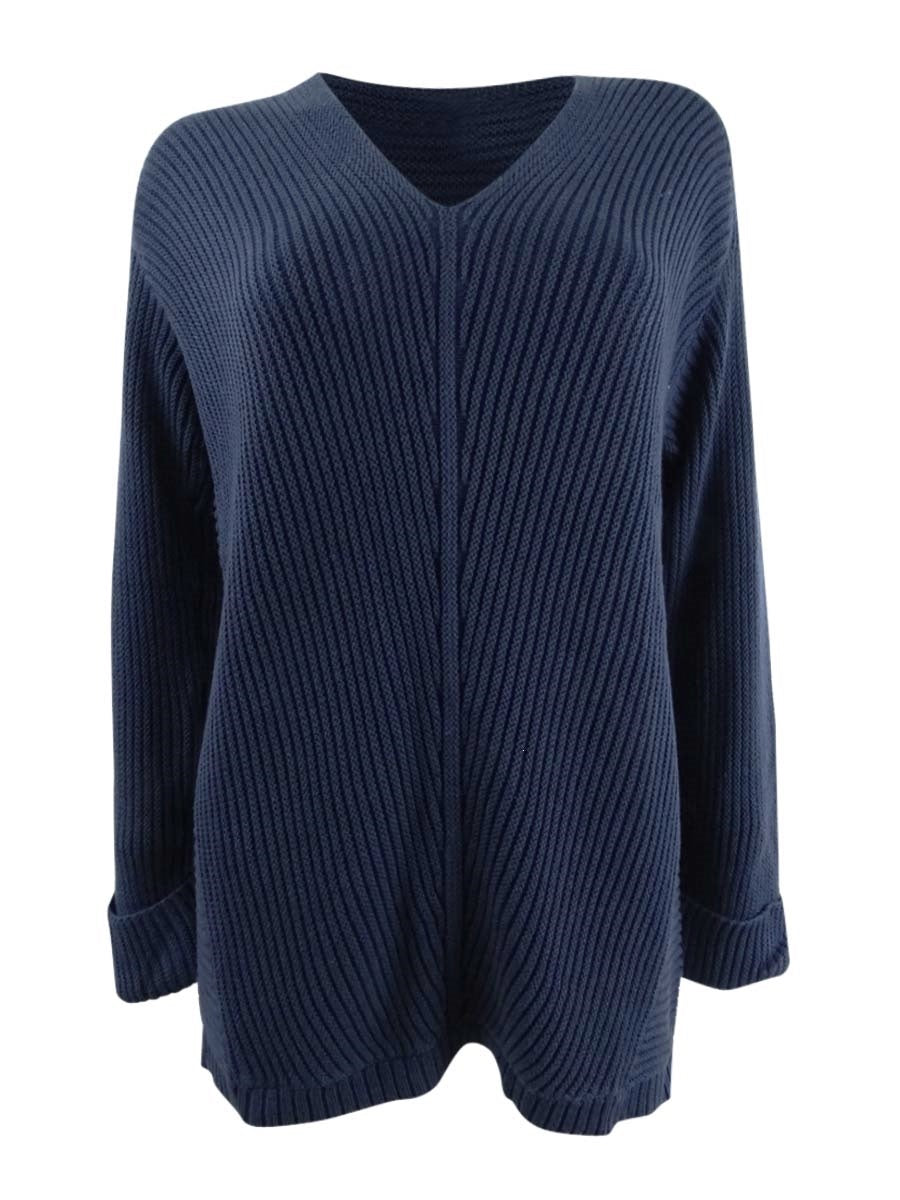 Camiseta feminina texturizada, lisa, manga comprida, gola V, azul marinho, tamanho pequeno