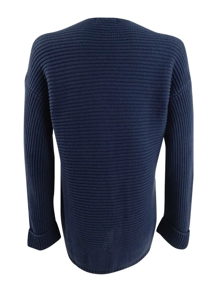 Camiseta feminina texturizada, lisa, manga comprida, gola V, azul marinho, tamanho pequeno