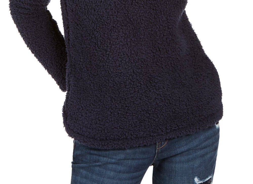 Camiseta feminina estilo &amp; co com pele sintética lisa, manga comprida, gola alta, suéter azul, tamanho pequeno grande