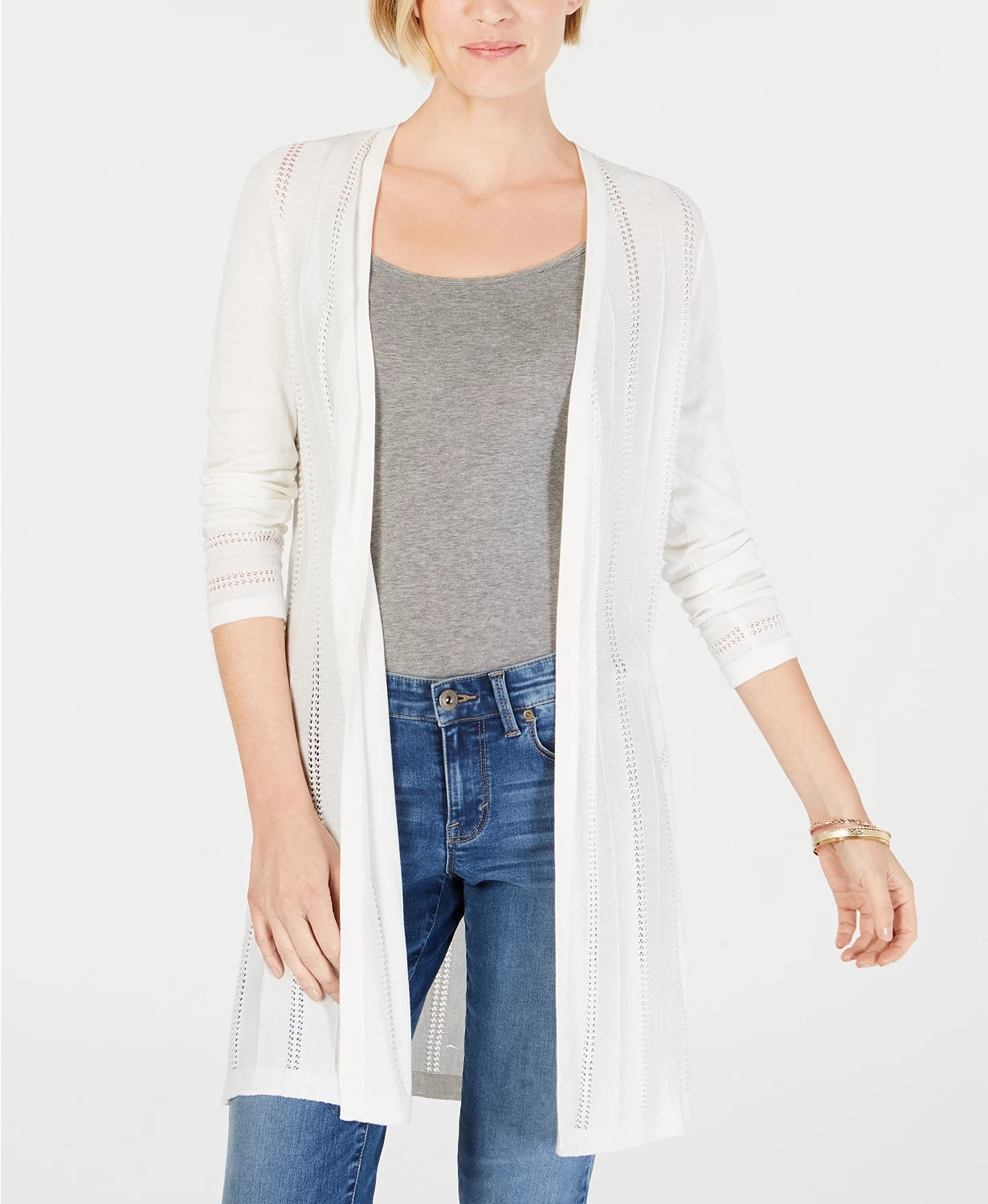 Cardigan feminino Charter Club Petite Pointelle Duster, branco, tamanho pequeno