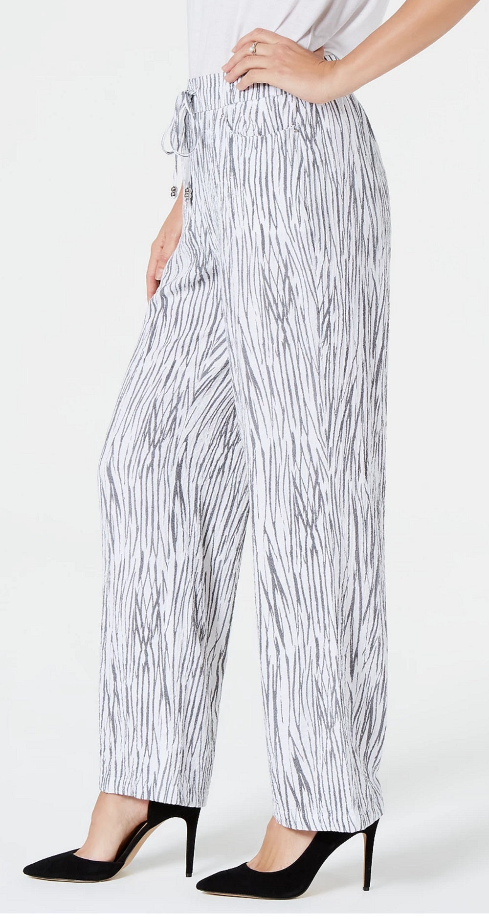 Calça feminina estampada com cordão e pregas JM Collection, branca, tamanho XX-G