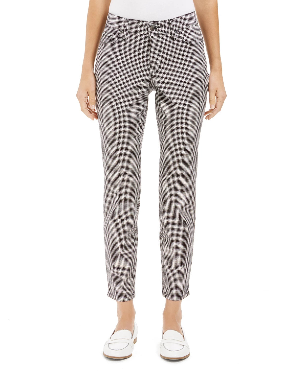Calça jeans skinny com controle de barriga, estilo pied-de-poule, feminina, branca, tamanho 6
