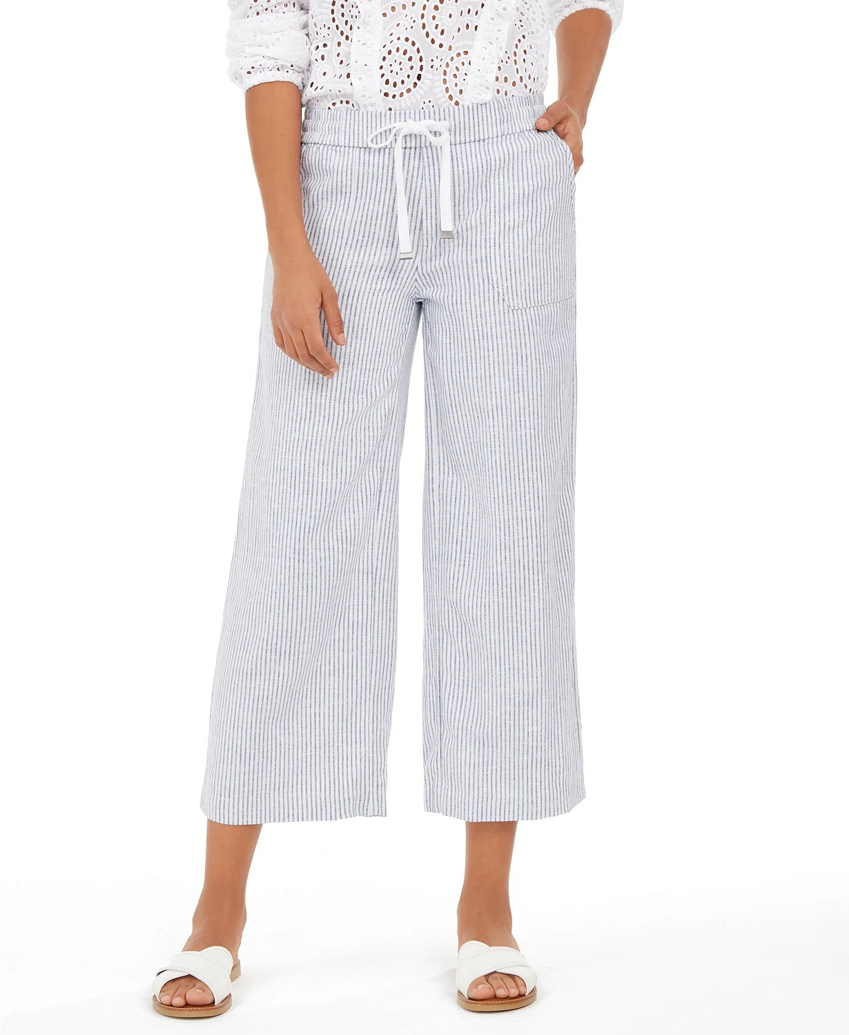 Calça cropped feminina de linho listrada Style &amp; Co, tamanho médio, azul marinho