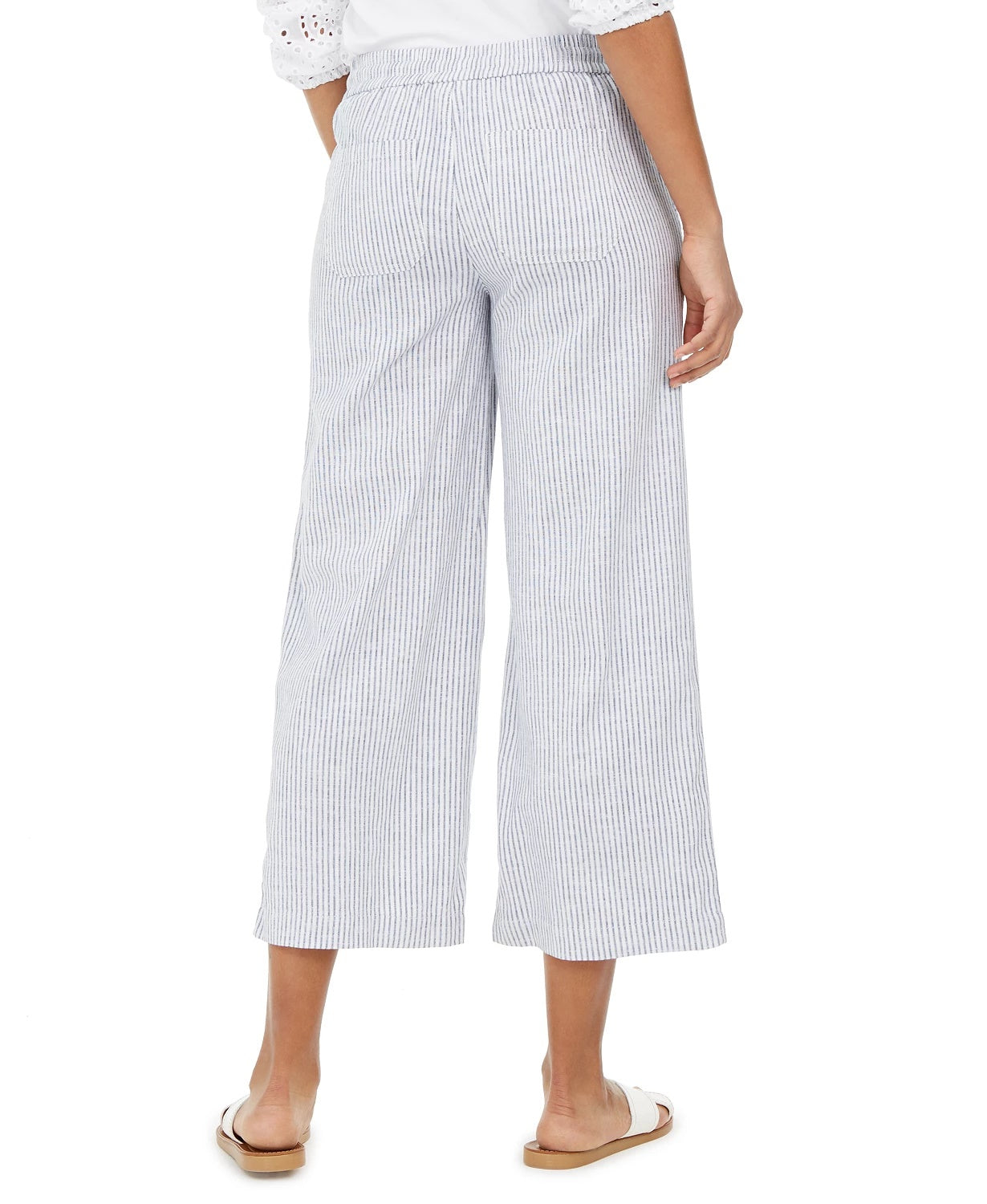 Calça cropped feminina de linho listrada Style &amp; Co, tamanho médio, azul marinho
