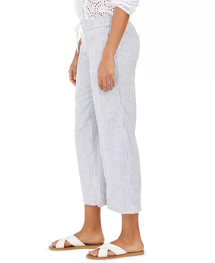 Calça cropped feminina de linho listrada Style &amp; Co, tamanho médio, azul marinho