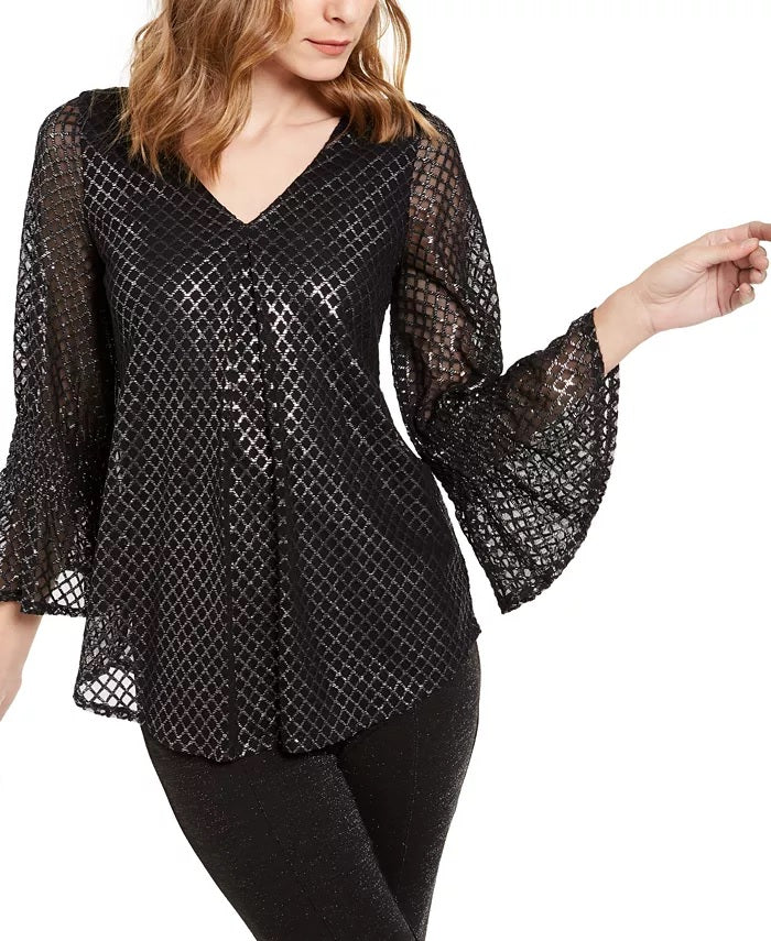 Blusa Alfani Feminina Petite com Estampa Metálica e Mangas Finas Cinza Tamanho Petite Pequeno