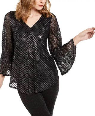 Blusa Alfani Feminina Petite com Estampa Metálica e Mangas Finas Cinza Tamanho Petite Pequeno