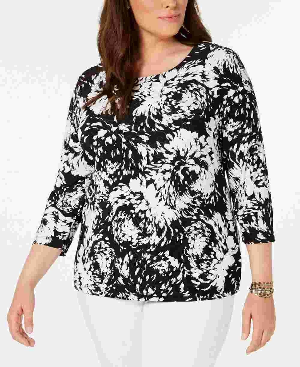 Túnica feminina estampada preta com manga 3/4 e gola joia JM Collection, preta, 0X