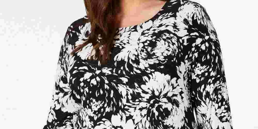 Túnica feminina estampada preta com manga 3/4 e gola joia JM Collection, preta, 0X