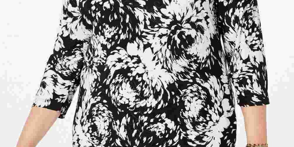 Túnica feminina estampada preta com manga 3/4 e gola joia JM Collection, preta, 0X