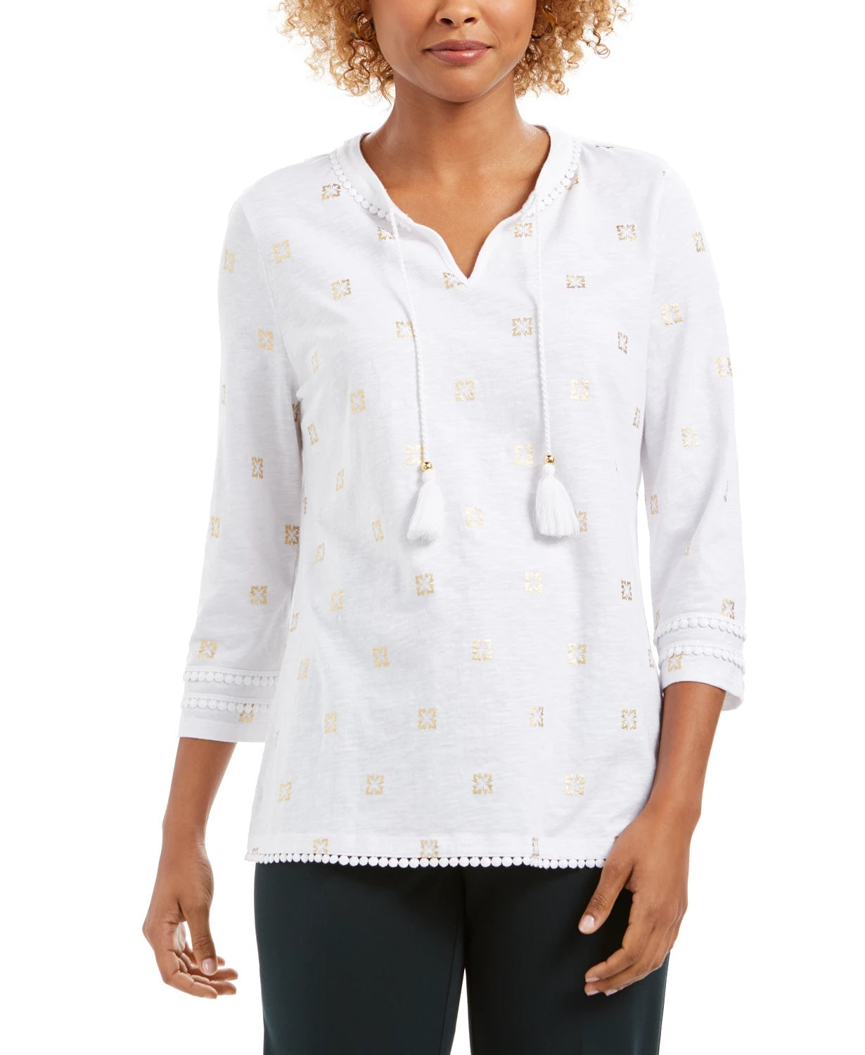 Top feminino Charter Club com decote em borla e manga 3/4, branco, tamanho extragrande