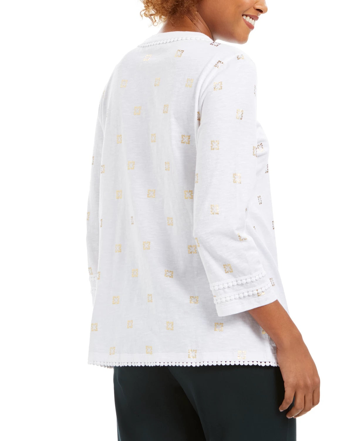 Top feminino Charter Club com decote em borla e manga 3/4, branco, tamanho extragrande