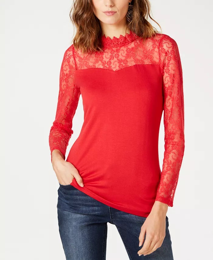 INC International Concepts Top feminino pequeno de renda e gema, vermelho, tamanho P