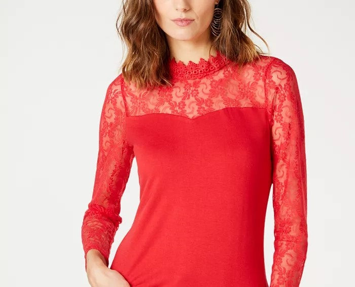 INC International Concepts Top feminino pequeno de renda e gema, vermelho, tamanho P