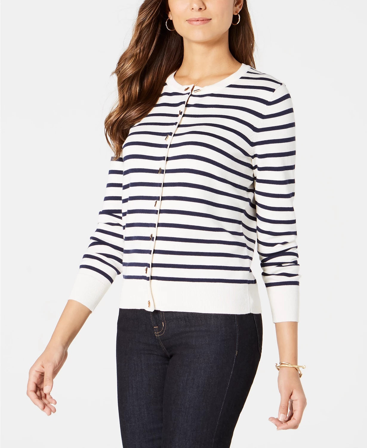 Cardigan feminino listrado pequeno com fecho de alavanca Charter Club, branco, tamanho P