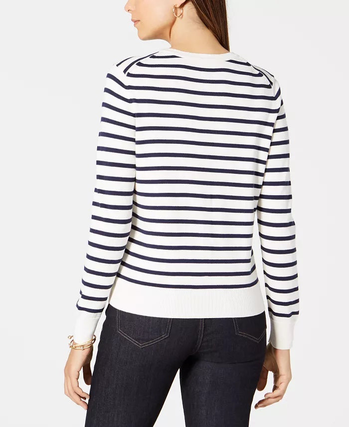 Cardigan feminino listrado pequeno com fecho de alavanca Charter Club, branco, tamanho P