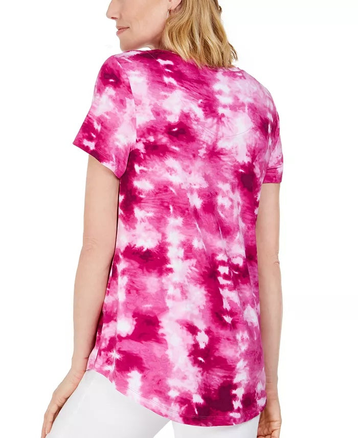 Camiseta feminina estampada com decote redondo e manga curta, tamanho extra pequeno, rosa médio, da coleção JM