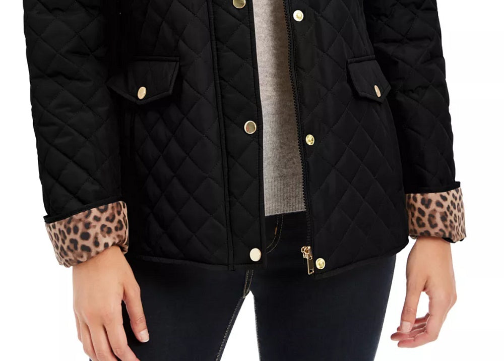 Jaqueta feminina Charter Club acolchoada com estampa de leopardo e capuz, preta, tamanho pequeno