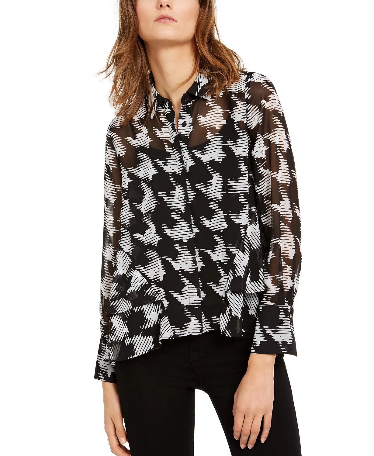 INC International Concepts Top feminino pequeno transparente pied de poule preto tamanho pequeno extragrande