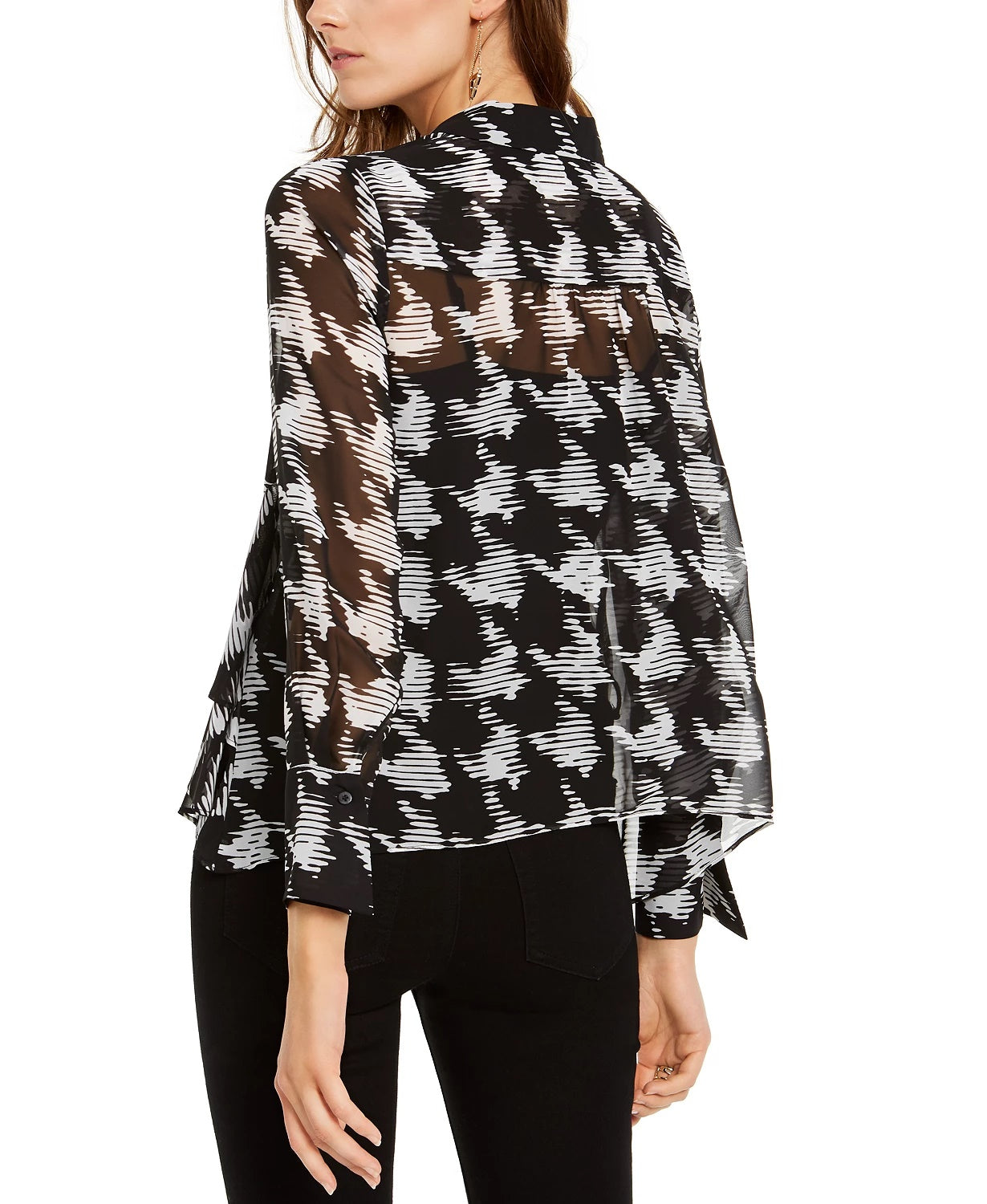 INC International Concepts Top feminino pequeno transparente pied de poule preto tamanho pequeno extragrande