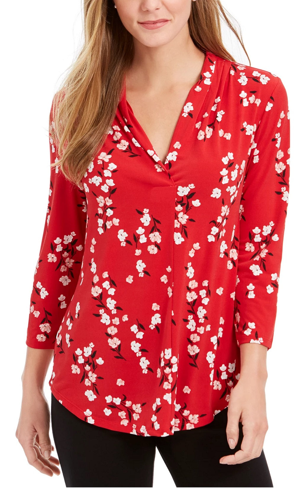 Top feminino com estampa floral e decote em V, tamanho pequeno, vermelho, Charter Club