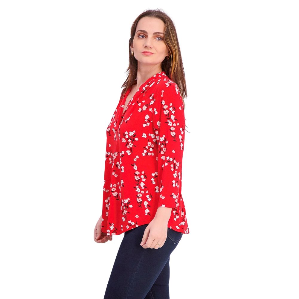 Top feminino com estampa floral e decote em V, tamanho pequeno, vermelho, Charter Club