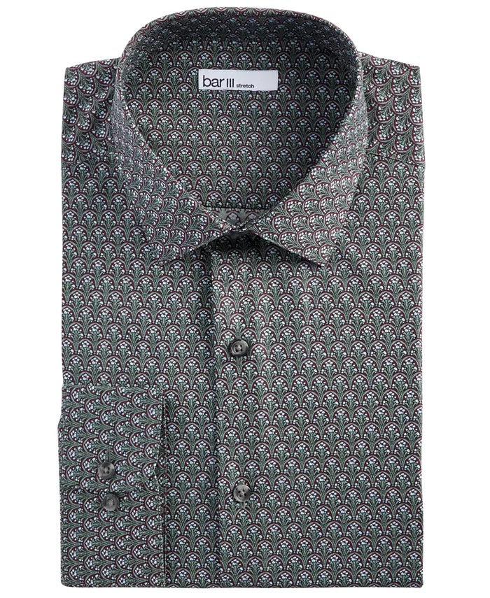 Camisa social masculina Bar III Slim Fit Stretch Art Déco Floral Verde Tamanho P