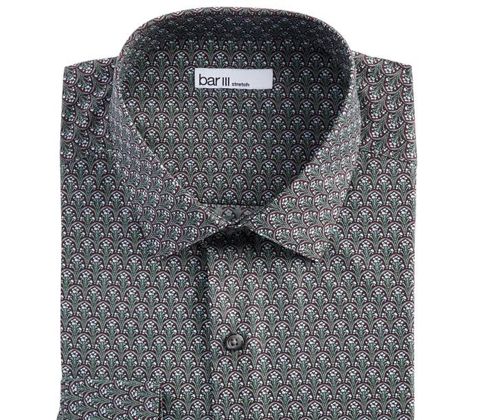 Camisa social masculina Bar III Slim Fit Stretch Art Déco Floral Verde Tamanho P