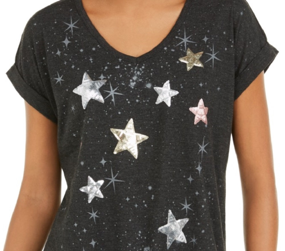 Top feminino com estampa de estrela e lantejoulas estilo &amp; co, preto, tamanho pequeno