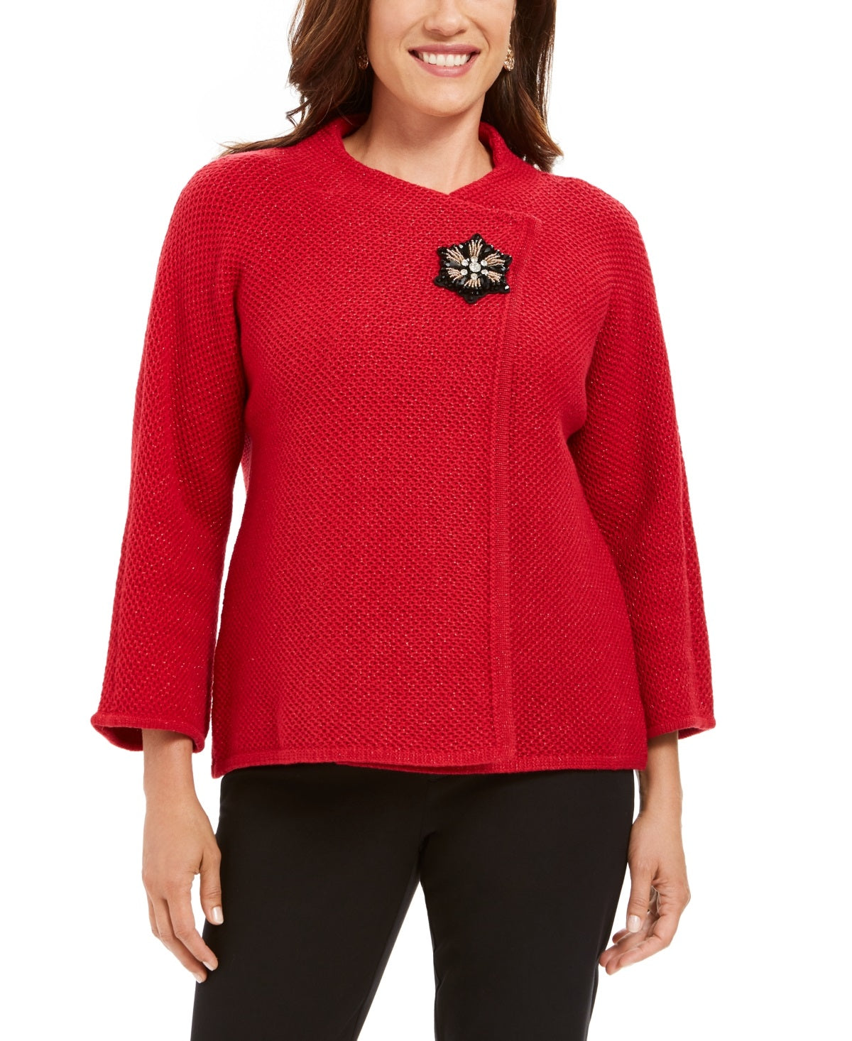 Blazer feminino com broche frontal cruzado JM Collection, vermelho, tamanho PS