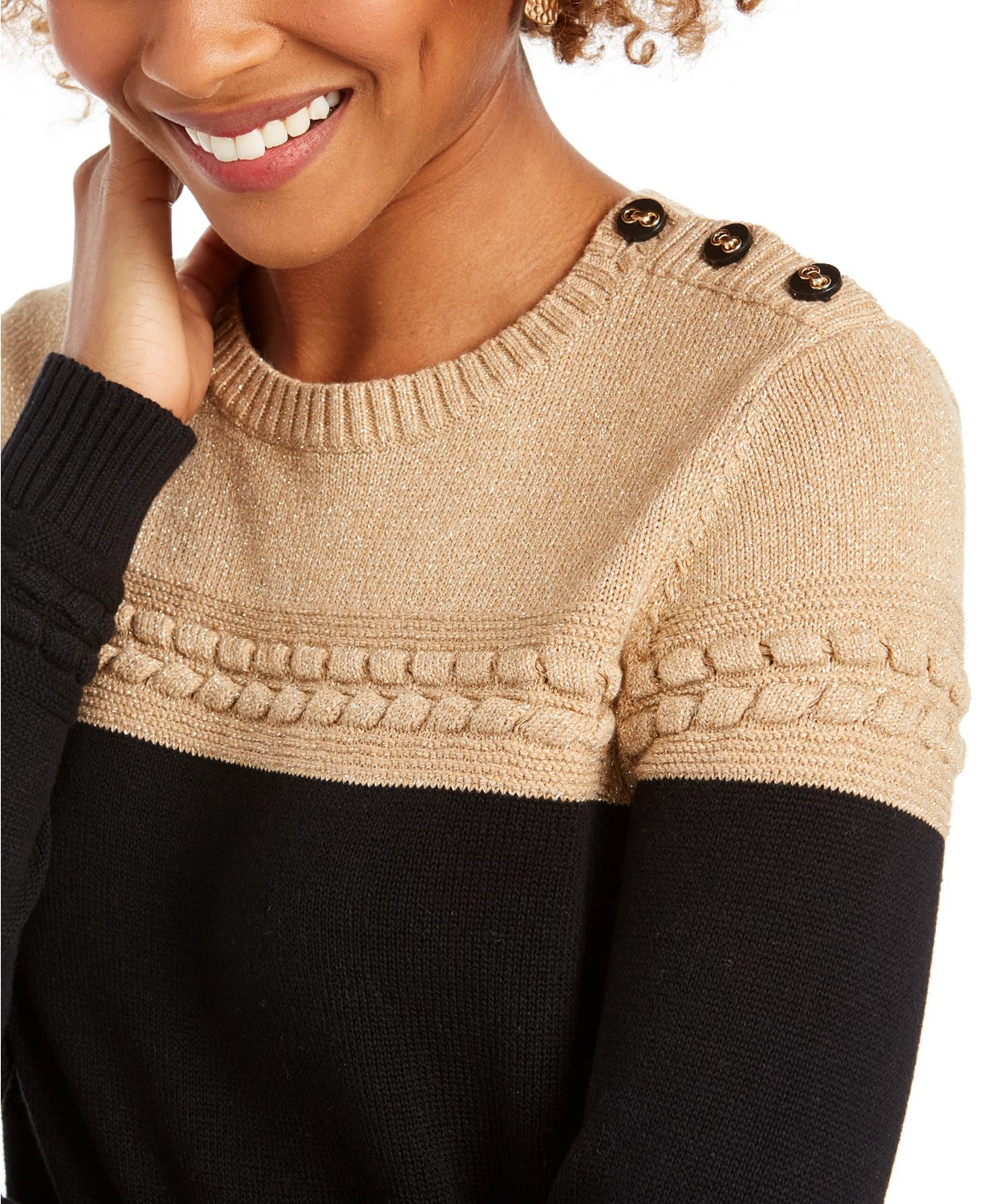 Suéter feminino Charter Club com decote redondo e blocos de cores metálicas, bege, tamanho pequeno