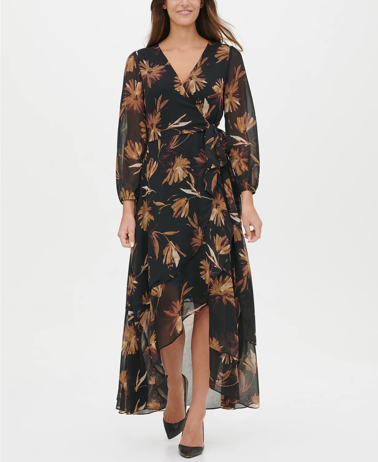 Vestido longo envolvente de chiffon com estampa floral Miranda da Tommy Hilfiger, tamanho 10, cor carvão