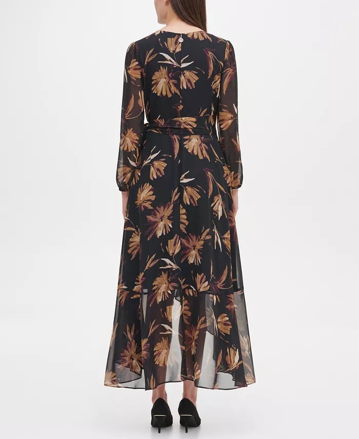 Vestido longo envolvente de chiffon com estampa floral Miranda da Tommy Hilfiger, tamanho 10, cor carvão