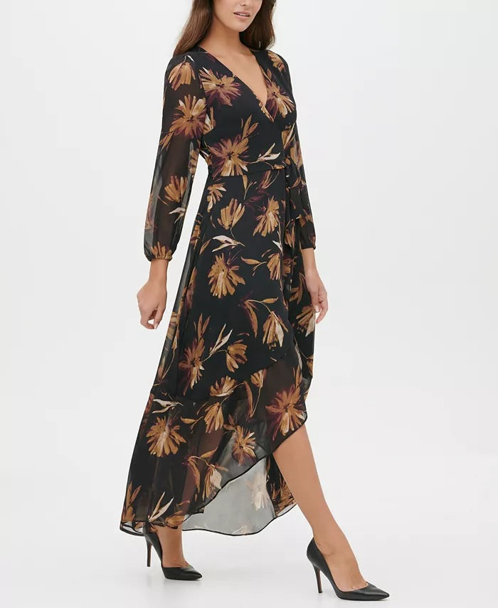 Vestido longo envolvente de chiffon com estampa floral Miranda da Tommy Hilfiger, tamanho 10, cor carvão