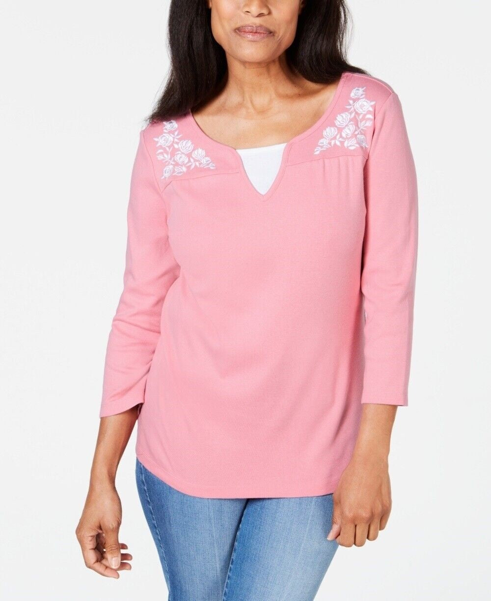 Karen Scott Top Feminino Petite Bordado de Algodão com Camadas Rosa Tamanho Petite Pequeno