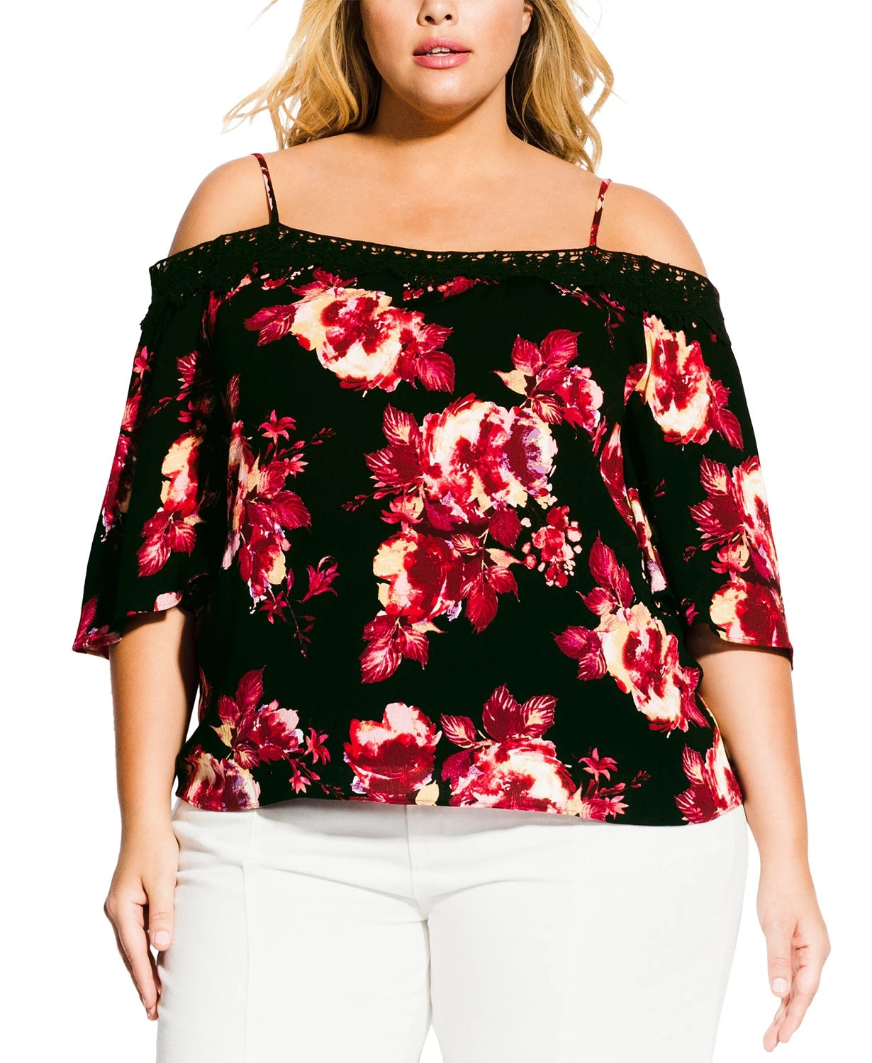 Blusa feminina City Chic, moderna, plus size, ombro vazado, preta, tamanho 18W
