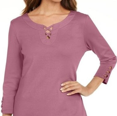 Camiseta feminina Karen Scott de algodão com cadarço, rosa, tamanho GG