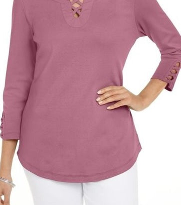 Camiseta feminina Karen Scott de algodão com cadarço, rosa, tamanho GG