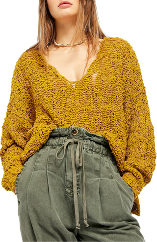 Suéter feminino Free People Textu manga comprida gola V amarelo tamanho M